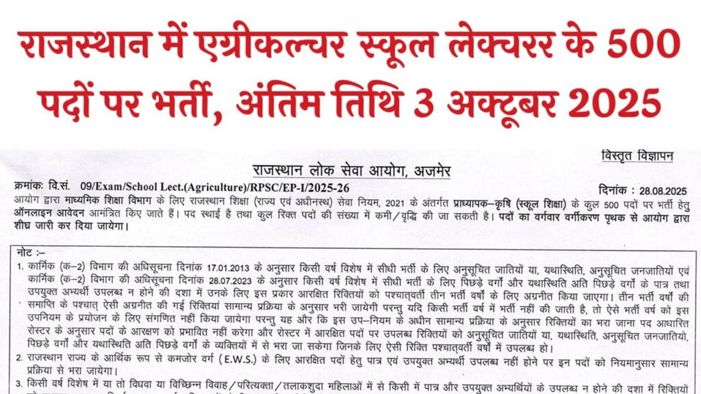 RPSC 1st Grade Agriculture Teacher Vacancy 2025