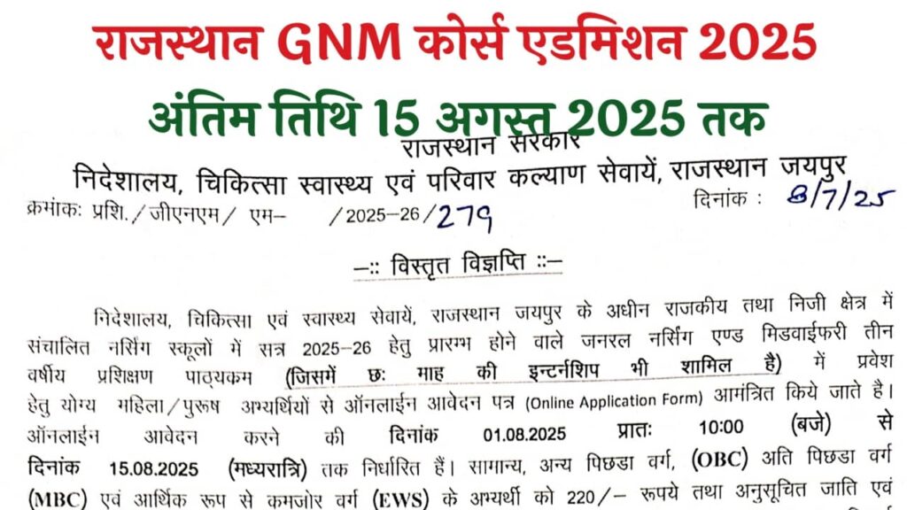 Rajasthan GNM Admission form 2025
