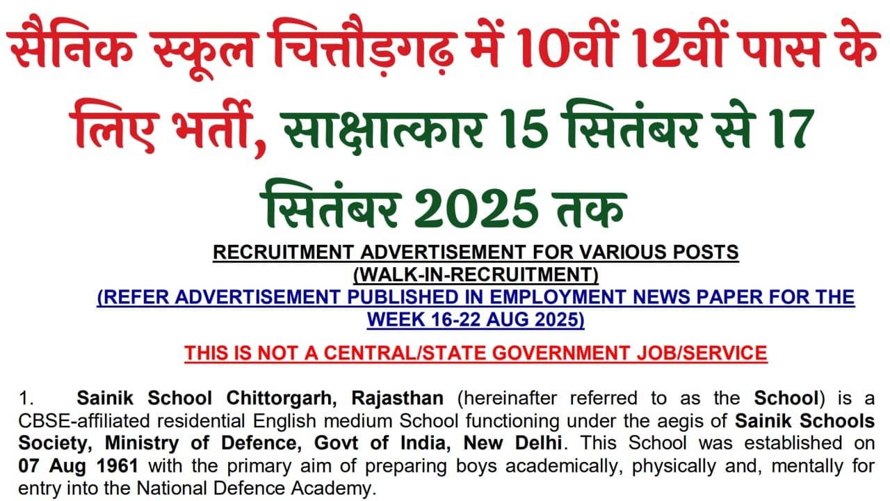 Sainik School Chittorgarh Recruitment 2025