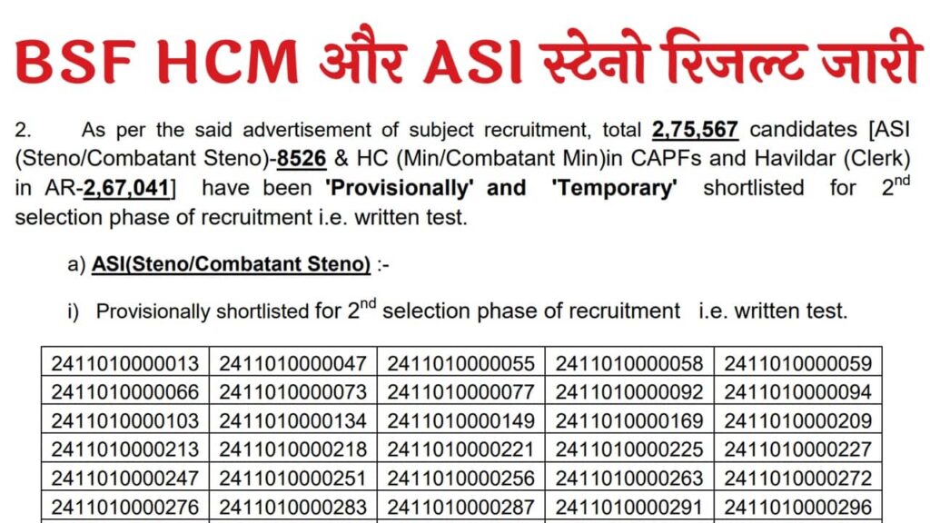 BSF HCM ASI Steno Result 2025