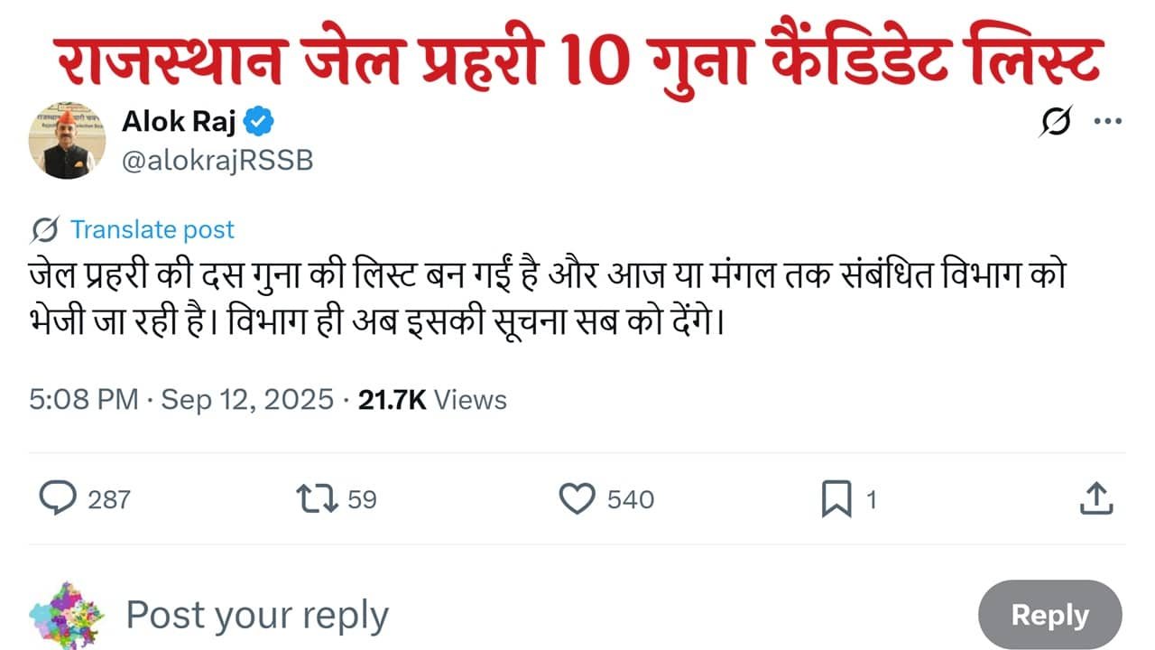 Rajasthan Jail Prahari 10 Guna Candidate List