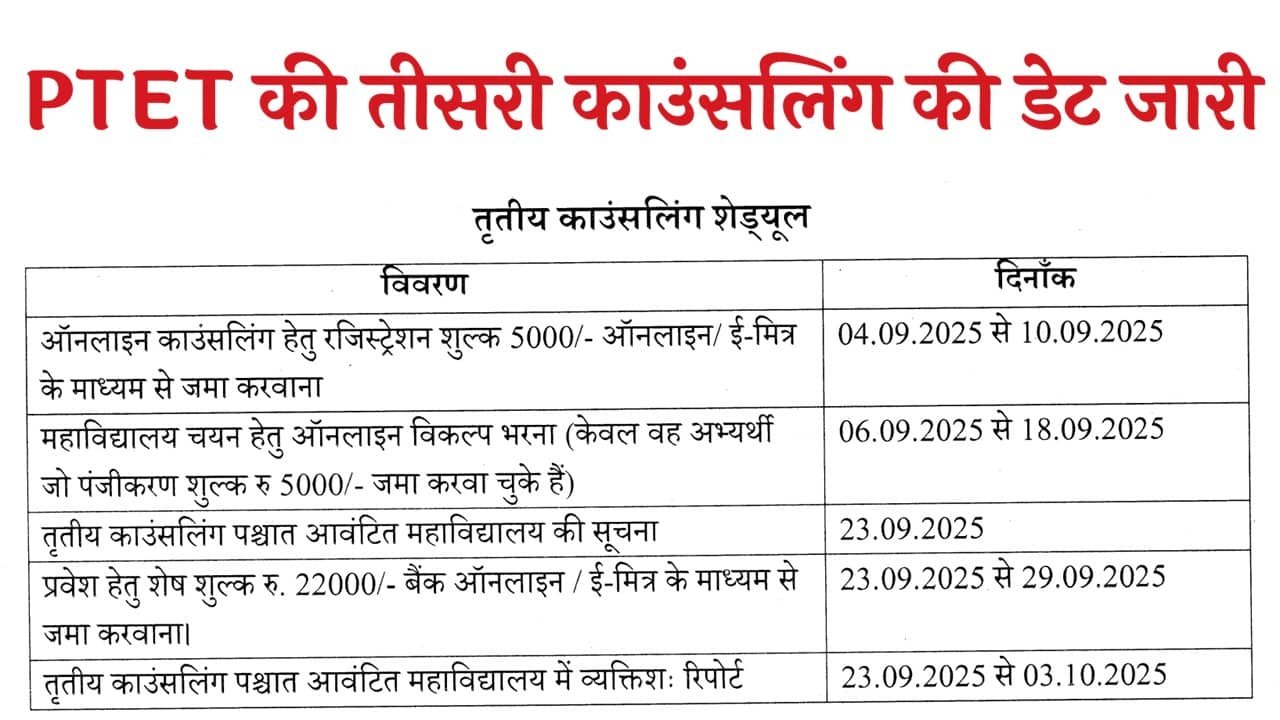 Rajasthan PTET 3rd Counseling Date 2025